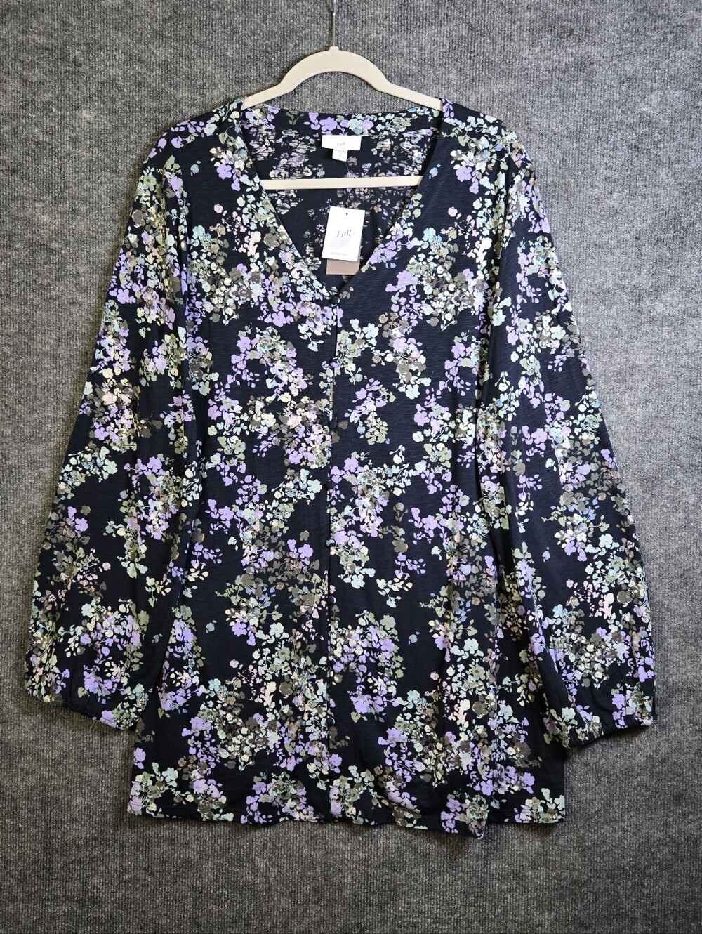 J Jill Top Womens XL Tall Blue Purple Floral Knit V Neck Tunic Boho Romantic New